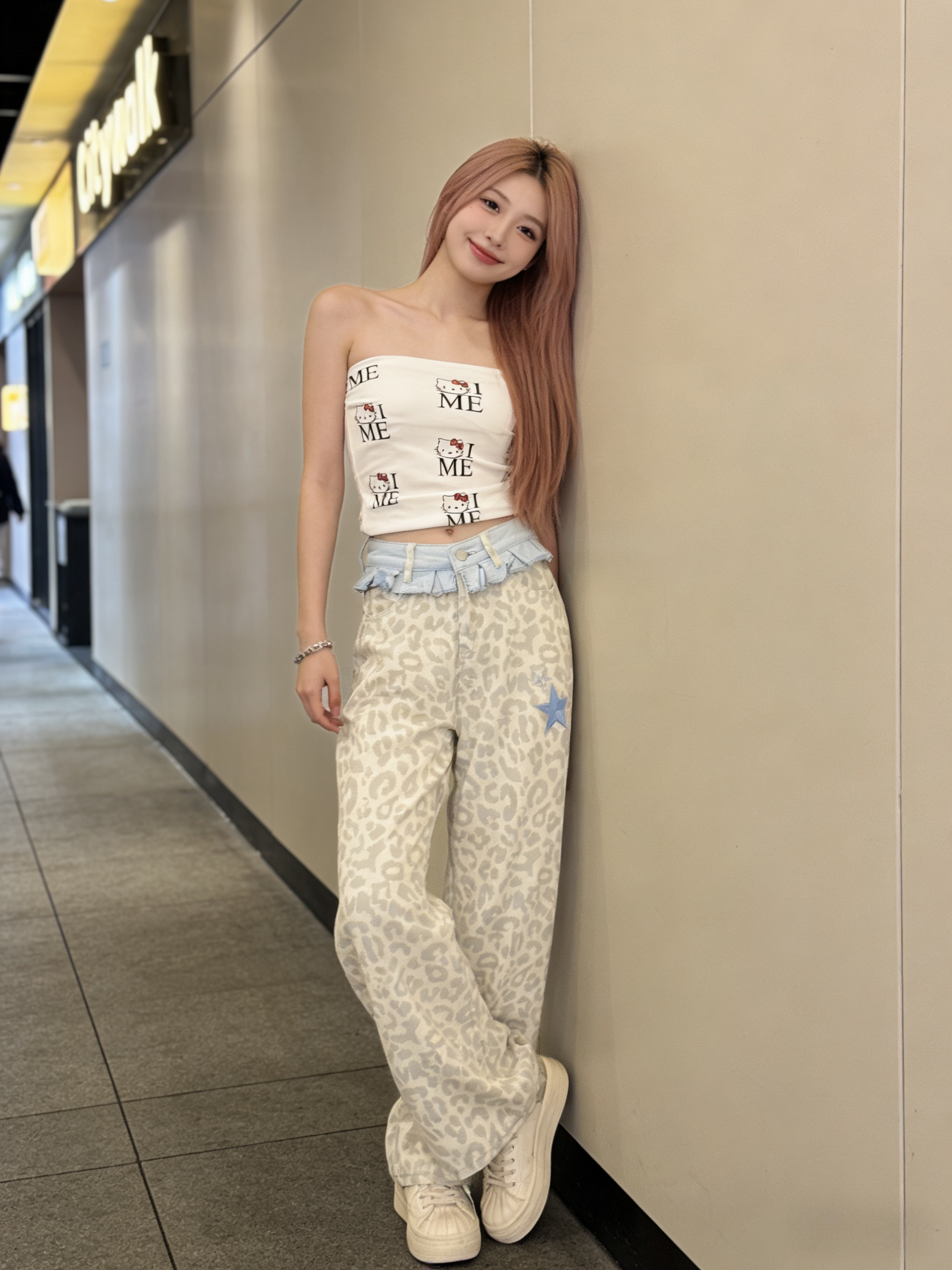 501411 F106 豹纹牛仔长裤