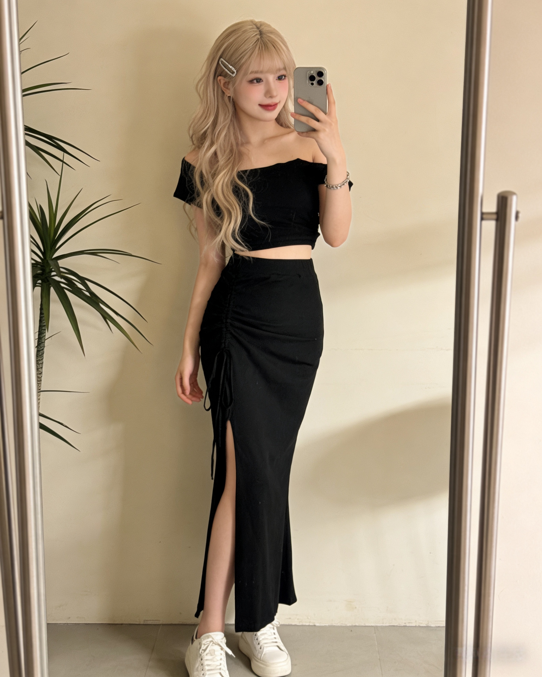 Alternative view of 1101356 651斜肩上衣 + 抽绳长裙套装