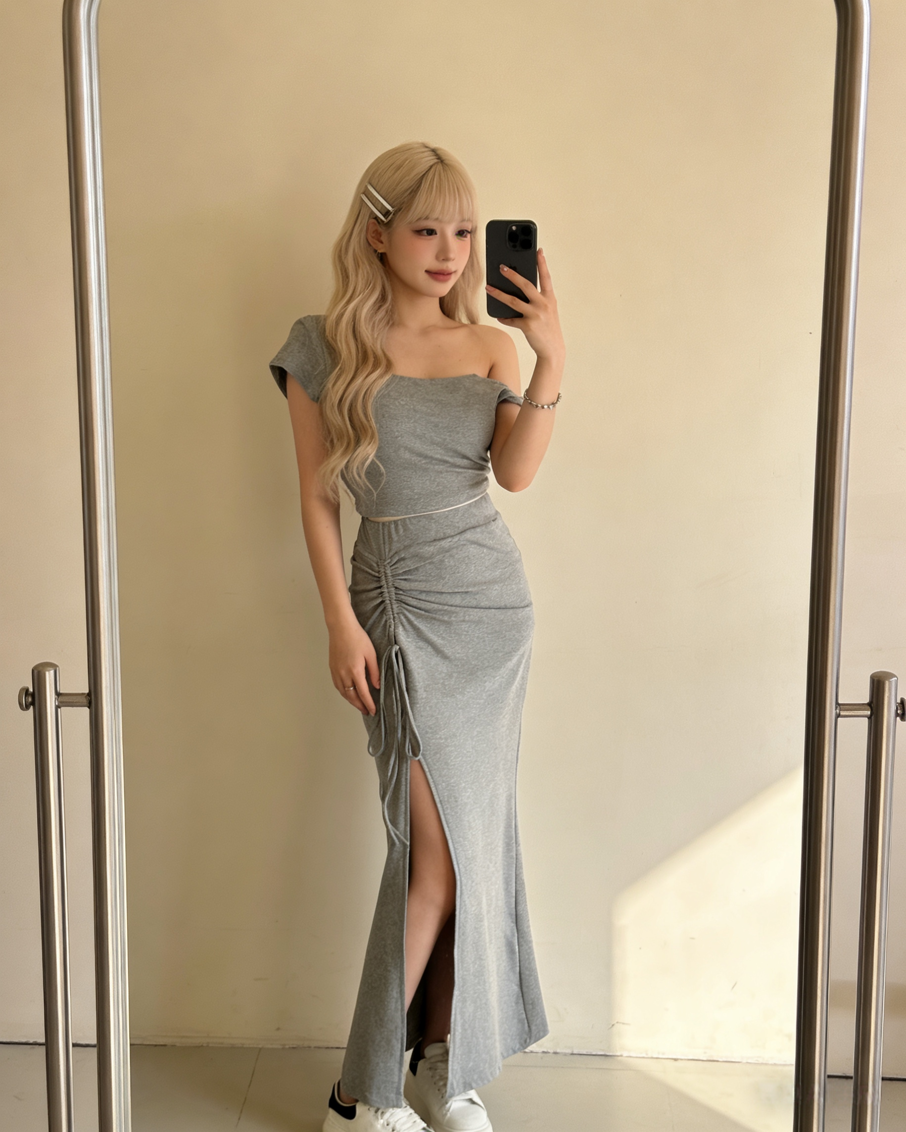 1101356 651斜肩上衣 + 抽绳长裙套装