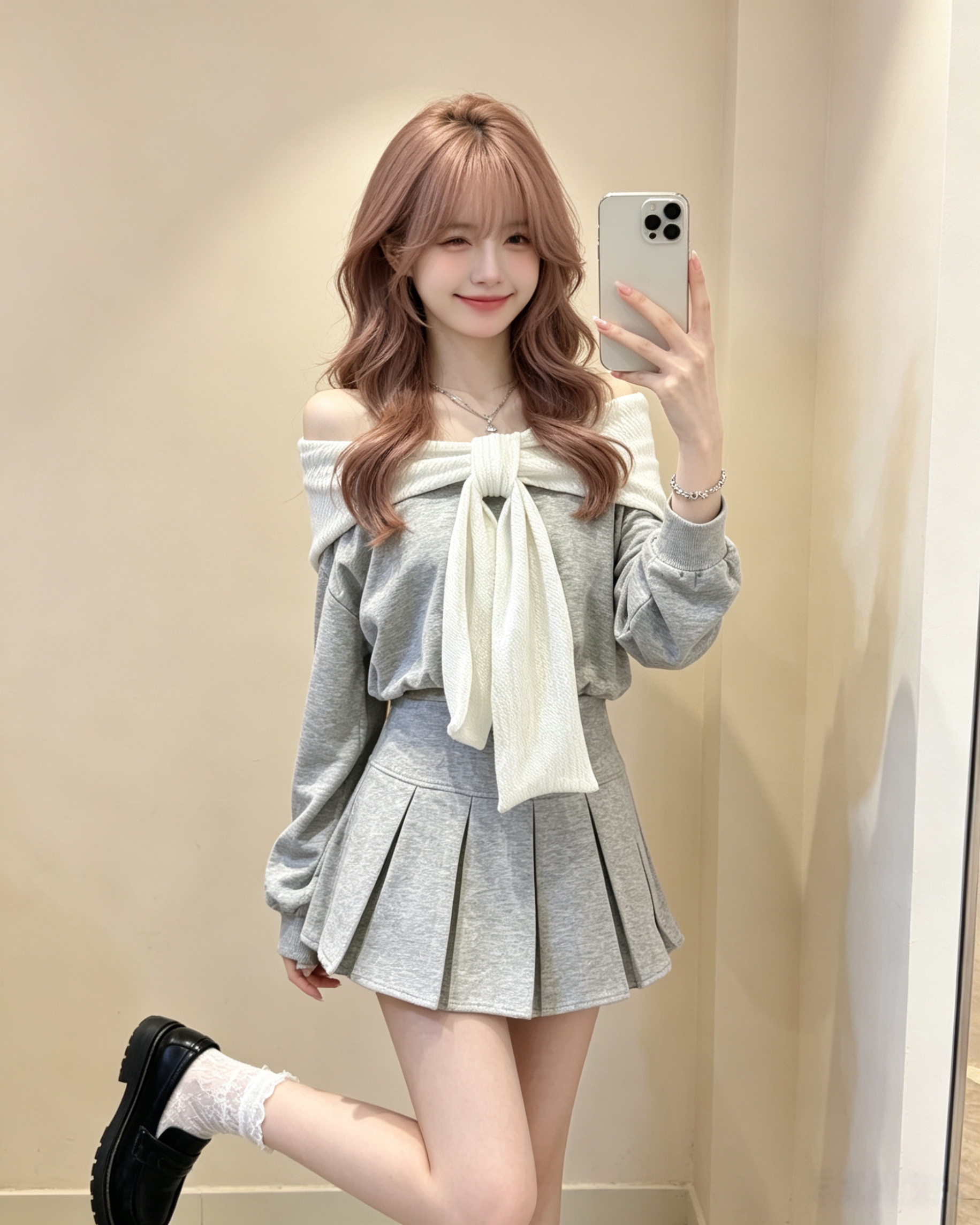 6636 灰色蝴蝶结套装裙